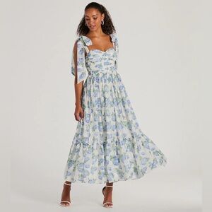 Florence Blue Floral Tie Strap Midi Dress